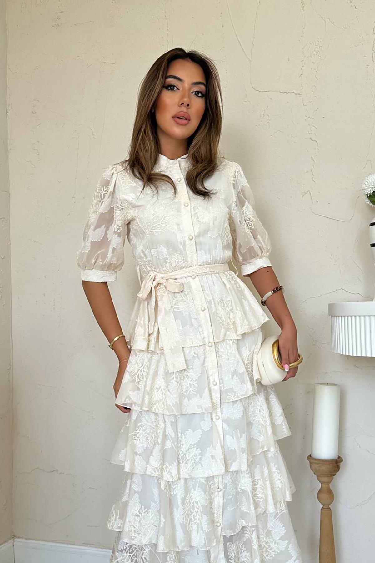 Toptan Bej Kat Kat Desenli Elbise