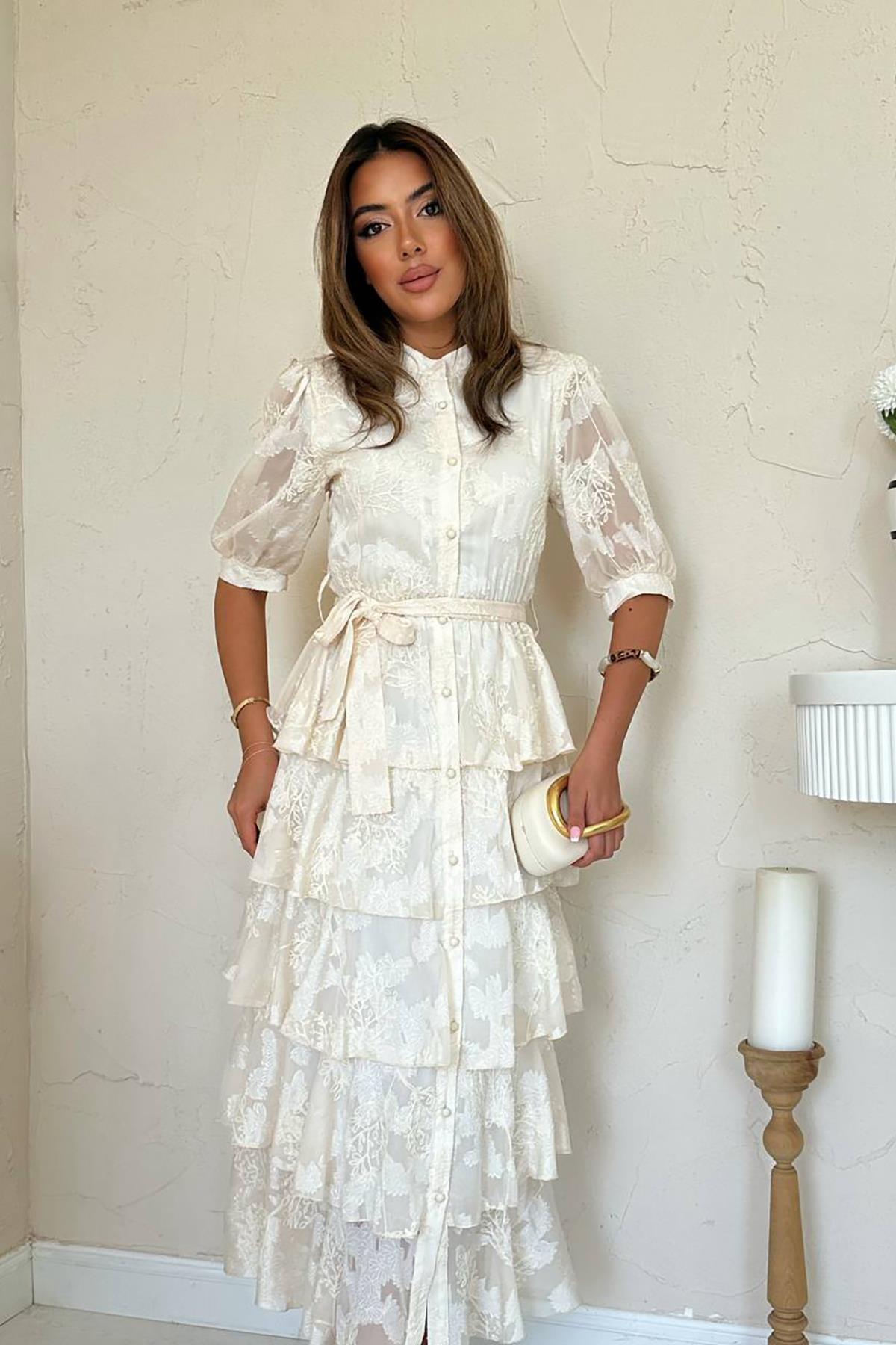 Toptan Bej Kat Kat Desenli Elbise