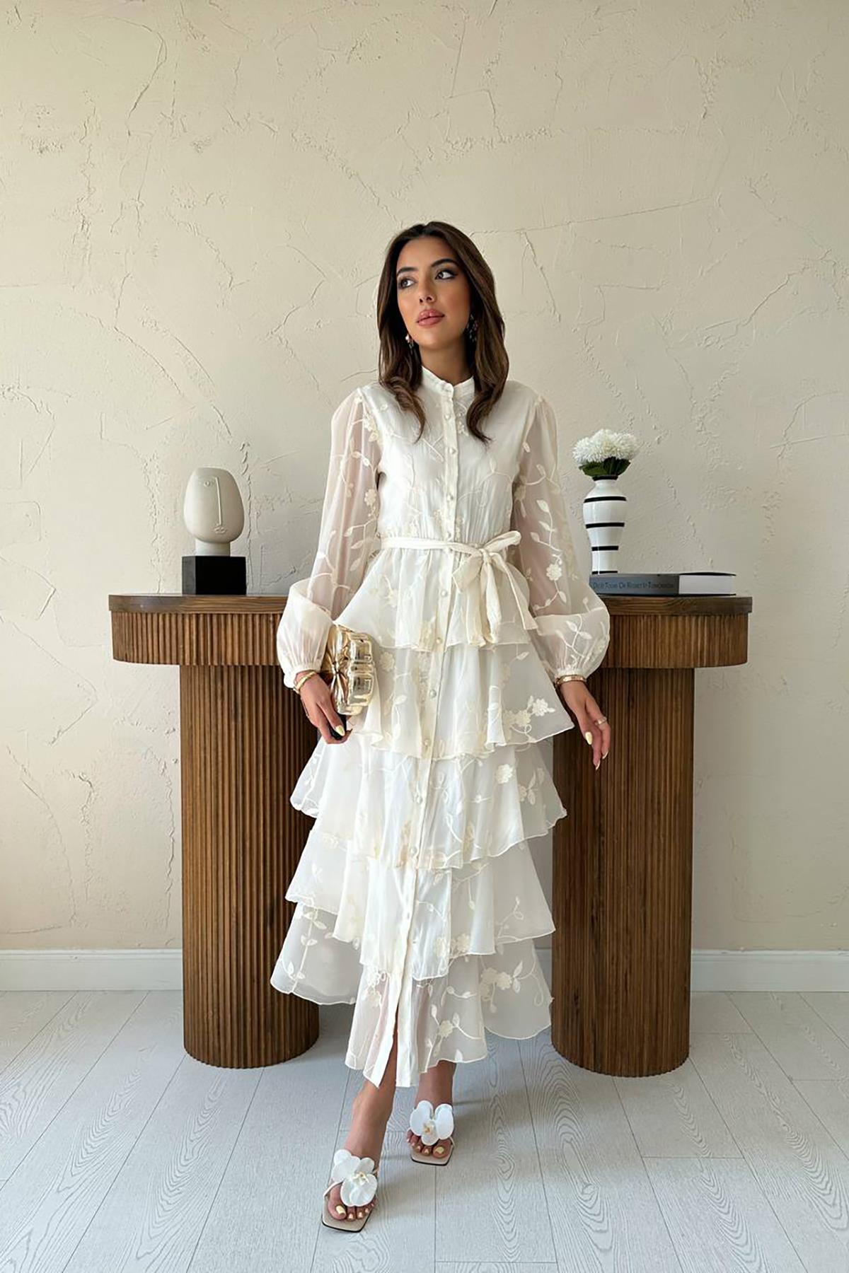 Toptan Bej Kat Kat Kuşaklı Elbise