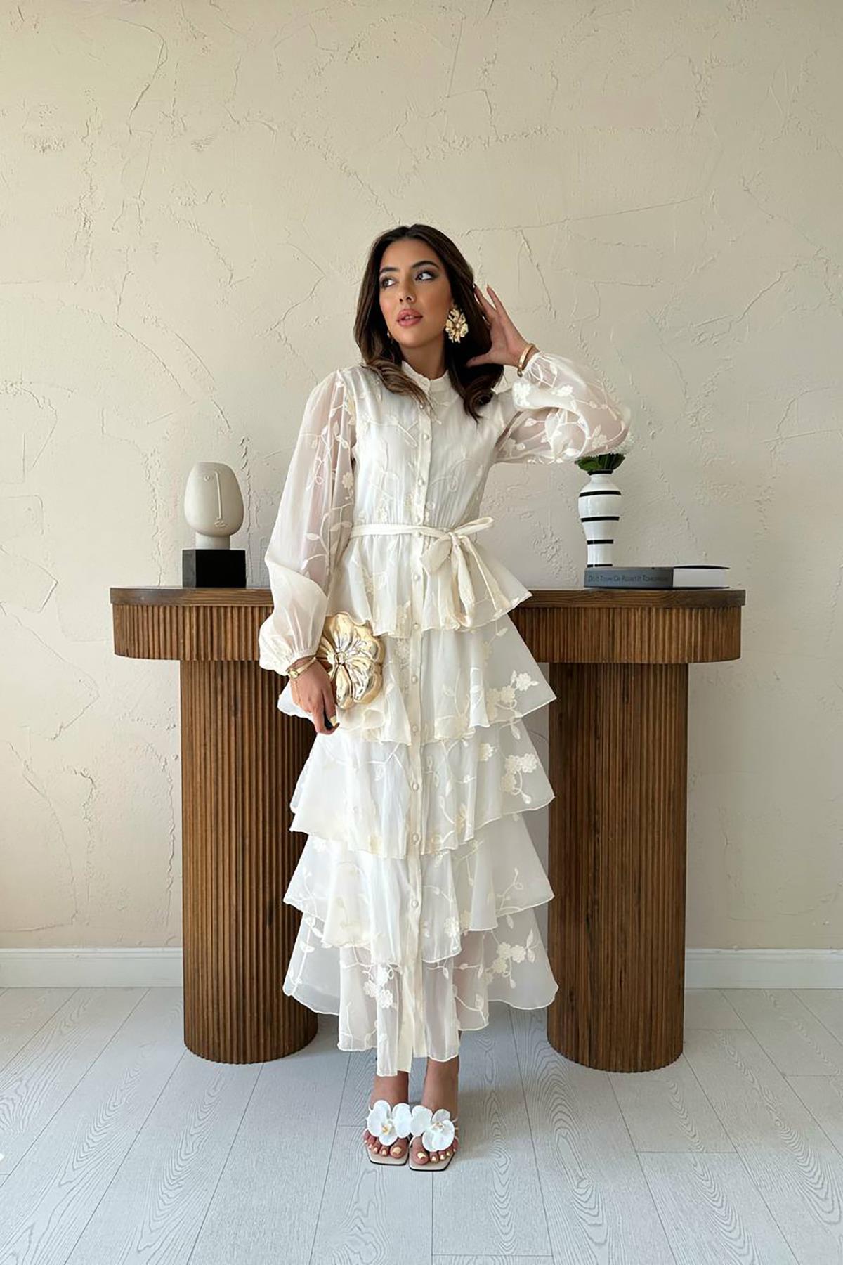 Toptan Bej Kat Kat Kuşaklı Elbise Bej L