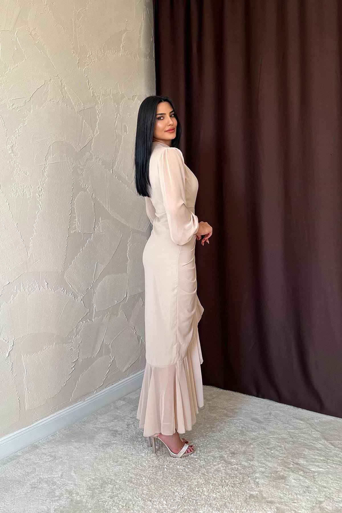 Toptan Bej Önü Büzgülü Şifon Elbise