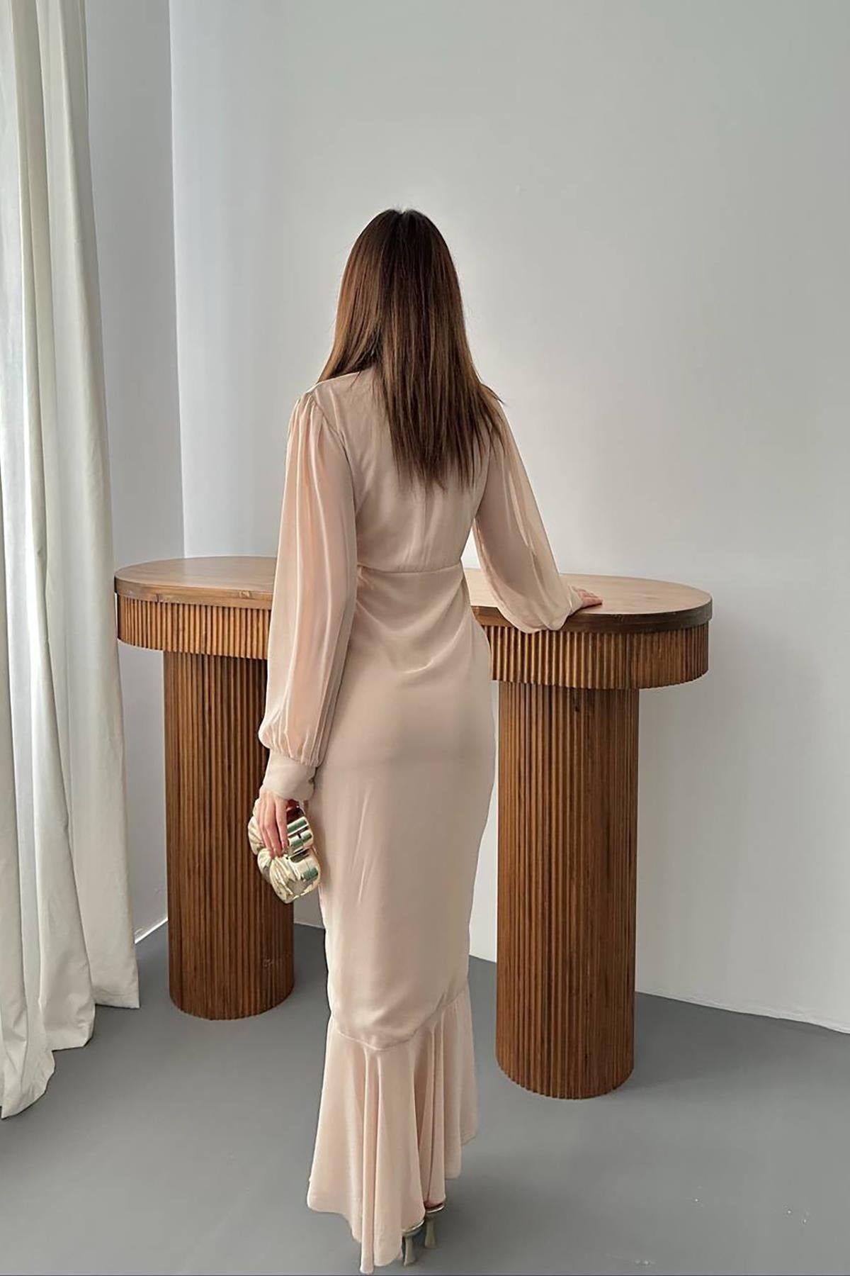 Toptan Bej Önü Büzgülü Şifon Elbise