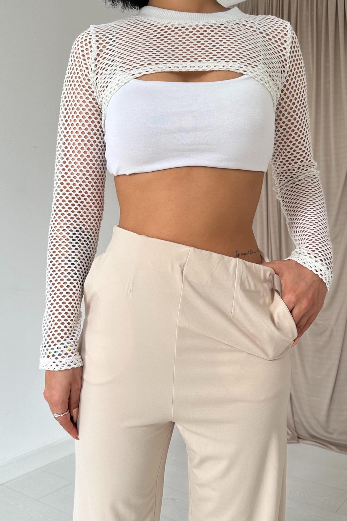 Toptan Bej Pensli Lastik Detaylı Pantolon