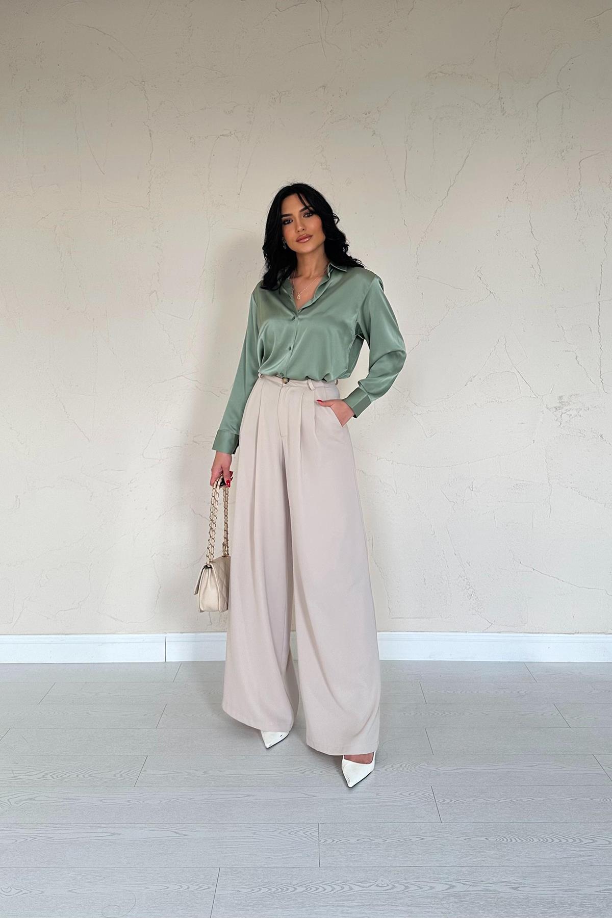 Toptan Bej Pileli Comfort Pantolon