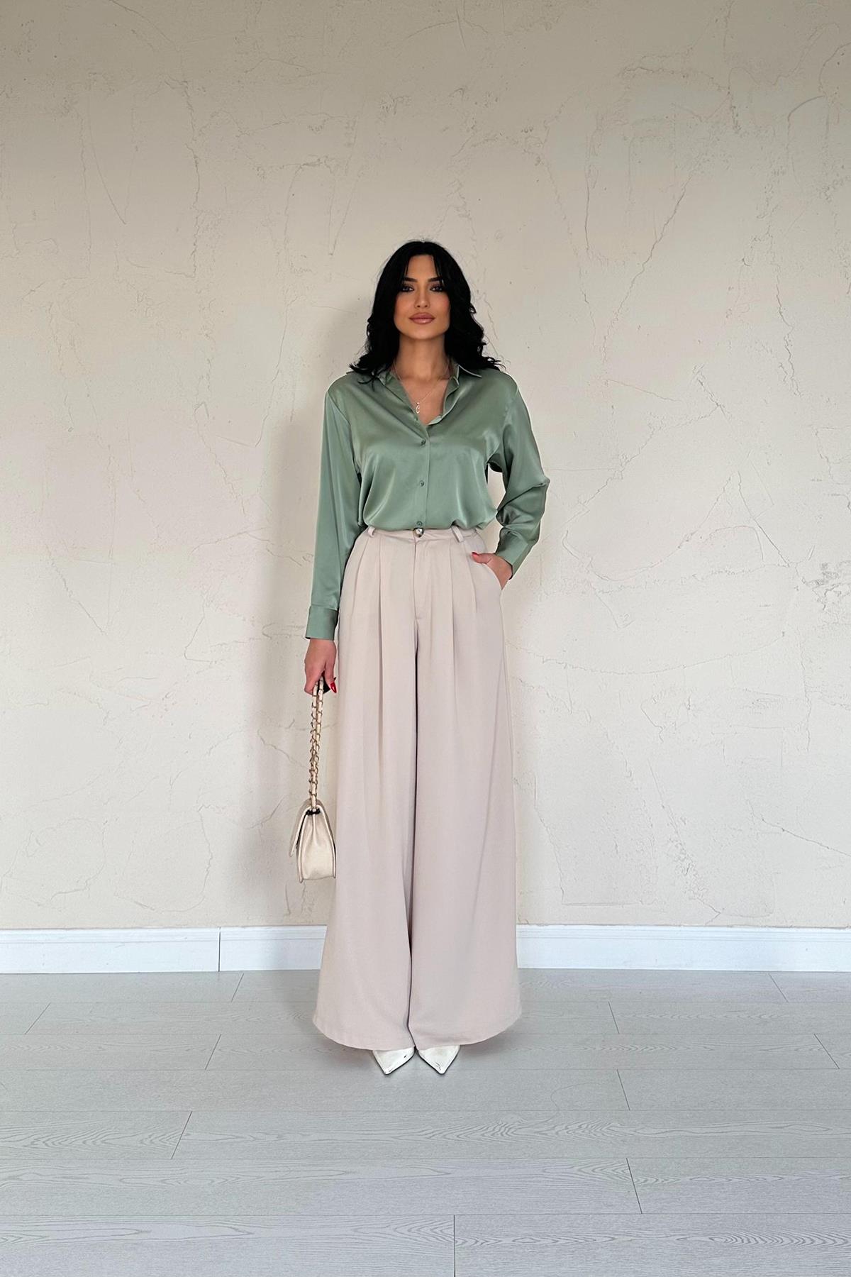 Toptan Bej Pileli Comfort Pantolon Bej L