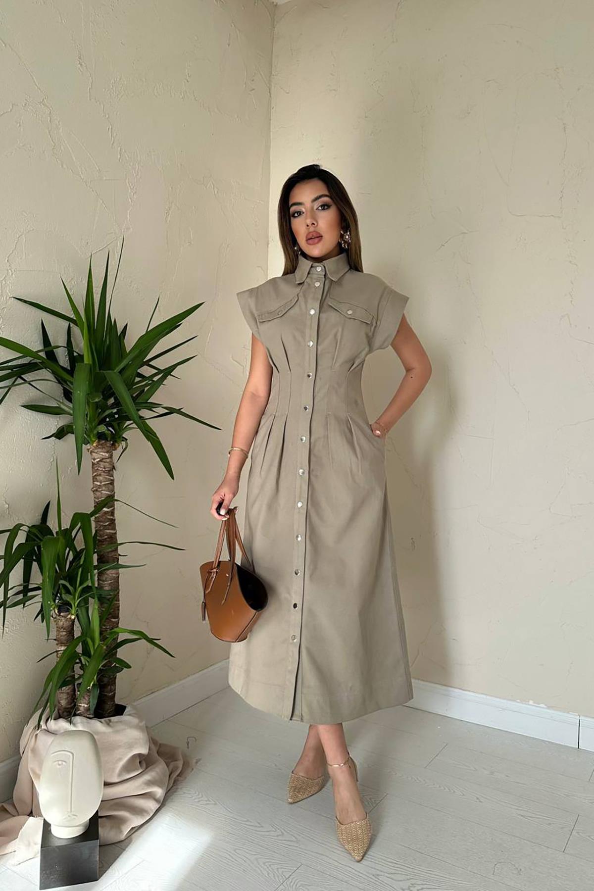 Toptan Bej Pileli Gabardin Elbise