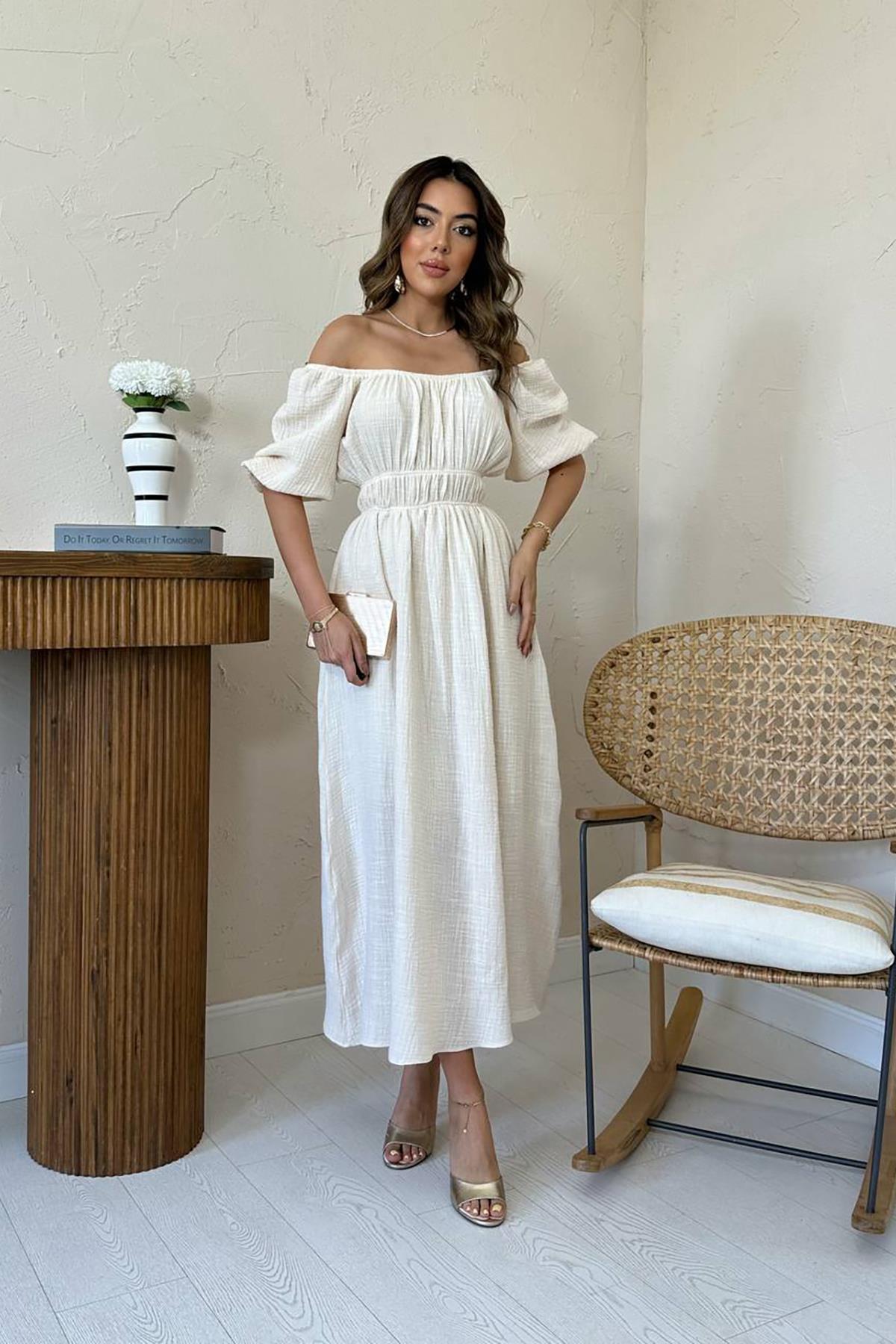 Toptan Bej Yakası Büzgülü Müslin Keten Elbise Bej L