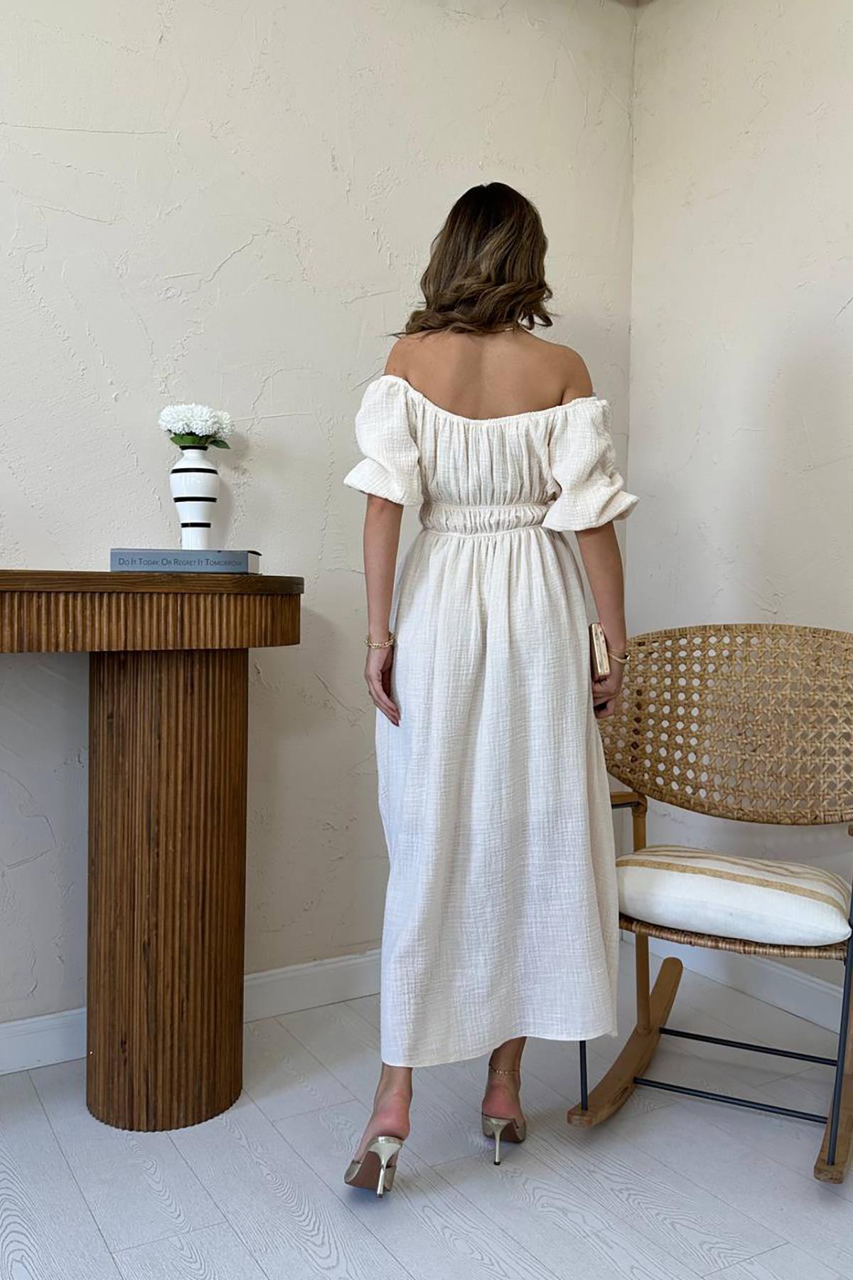 Toptan Bej Yakası Büzgülü Müslin Keten Elbise