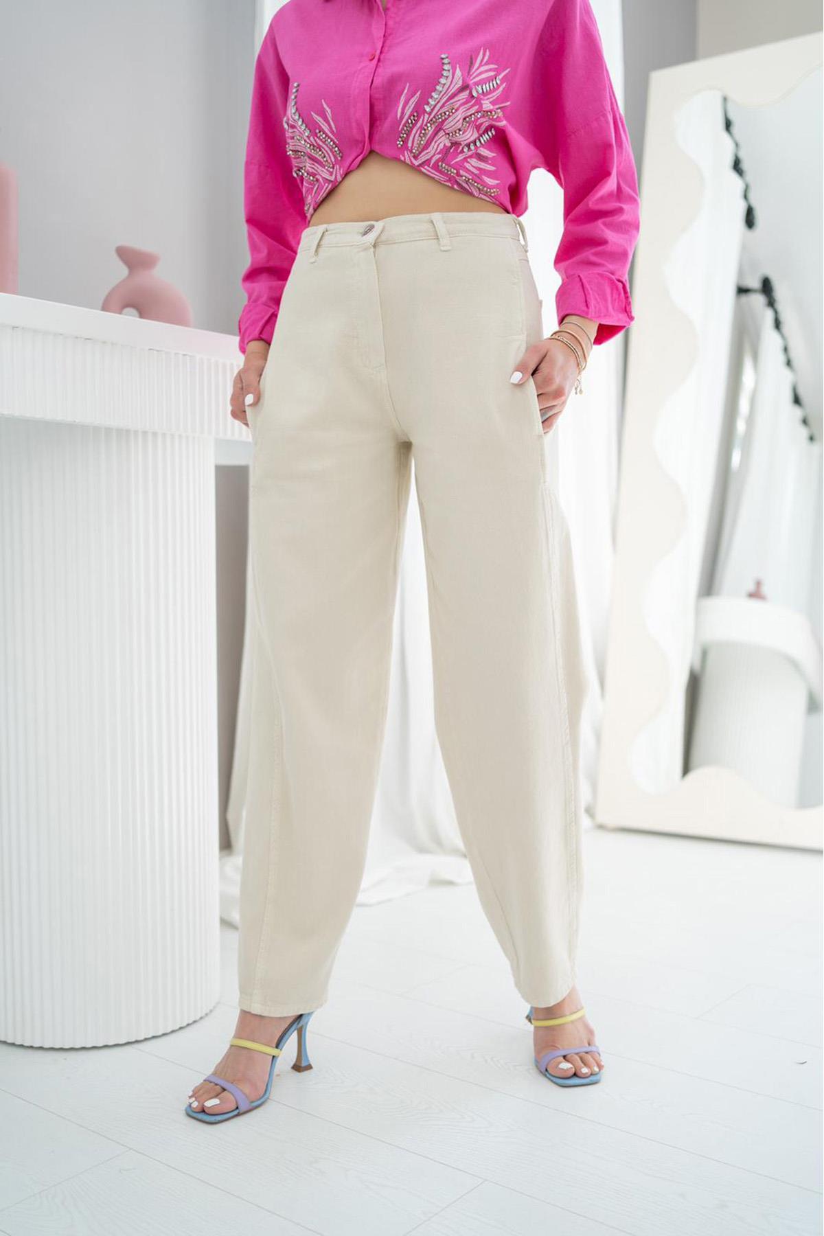 Toptan Bej Yüksek Bel Pantolon Bej L