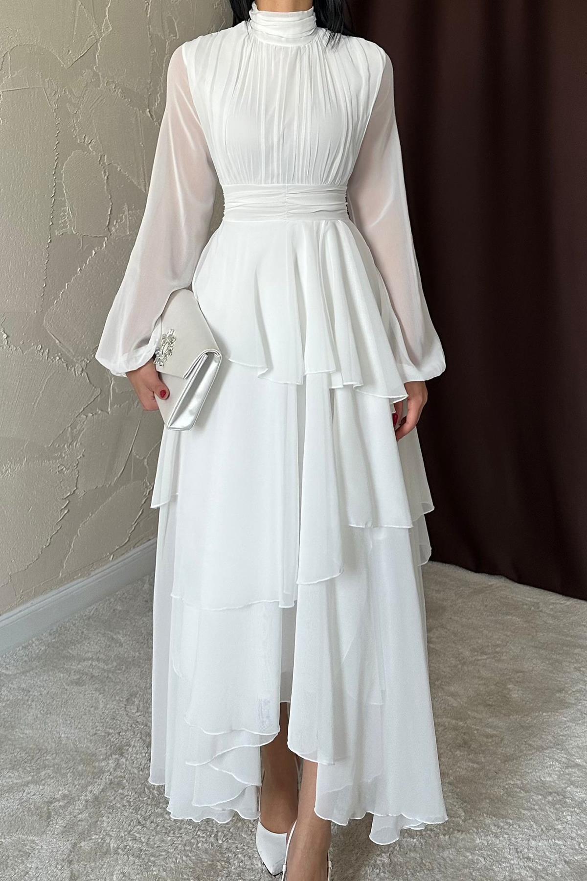 Toptan Beyaz Bel Detaylı Elbise