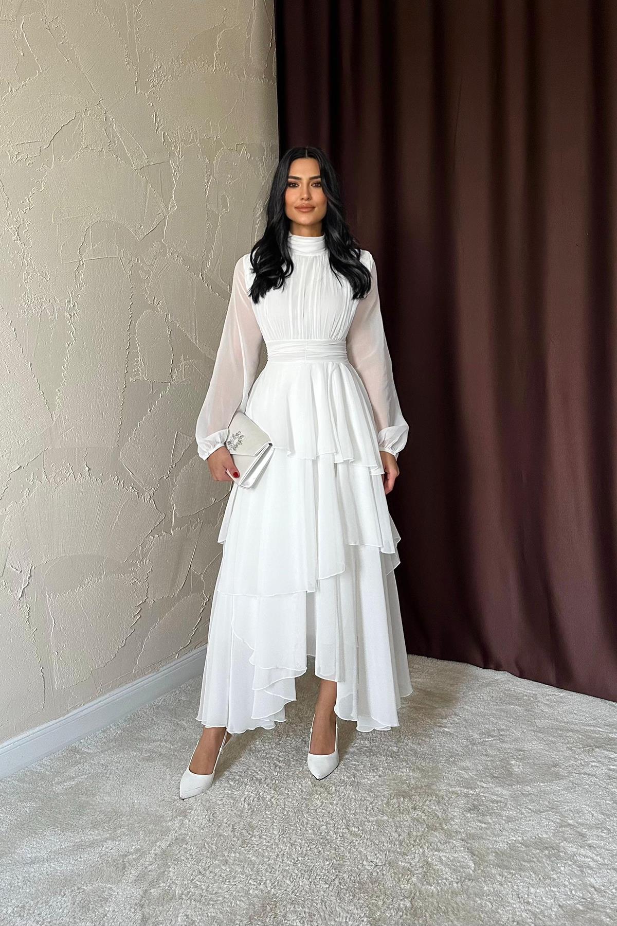 Toptan Beyaz Bel Detaylı Elbise Beyaz L