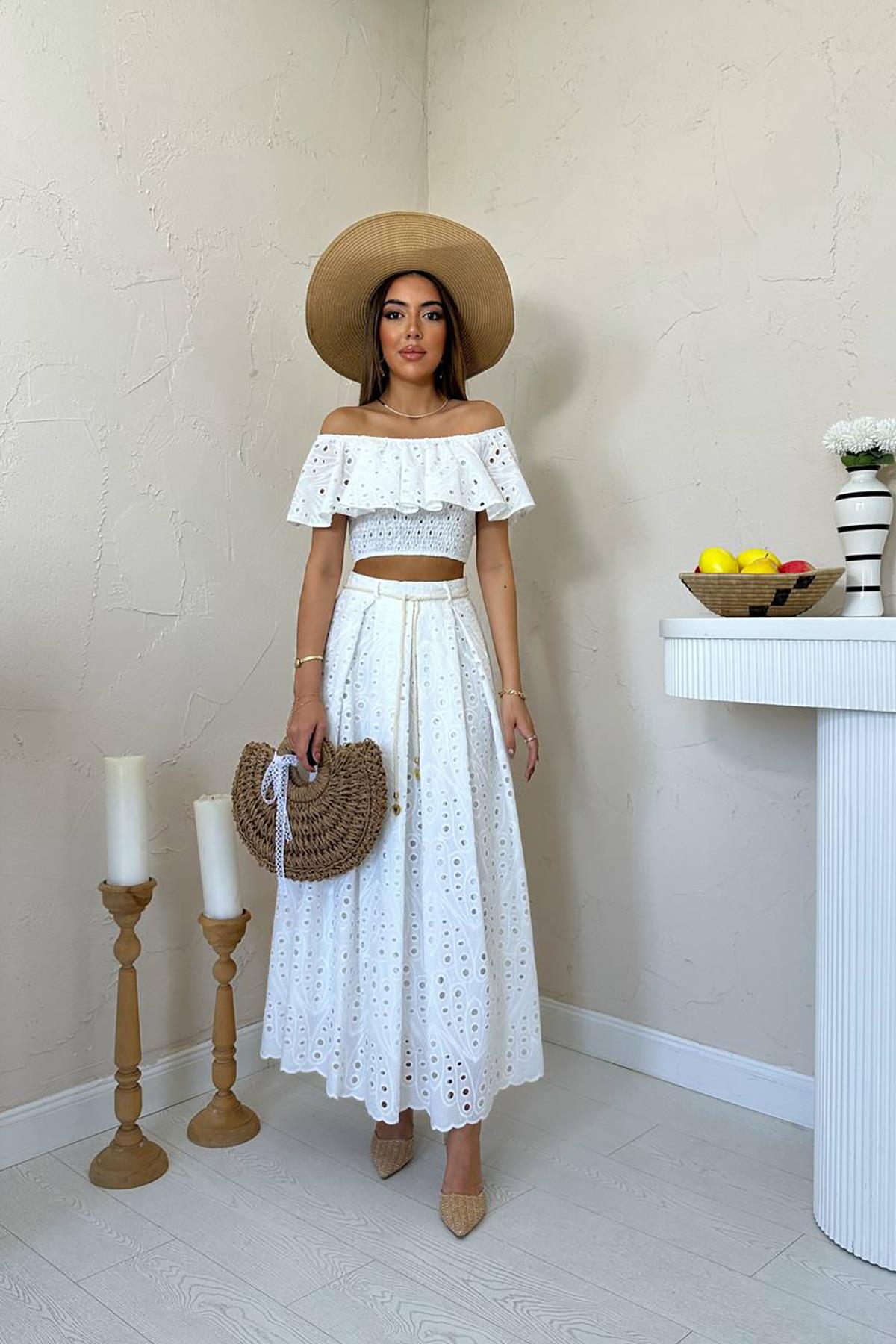 Toptan Beyaz Gipeli Bluz Etek Takım Beyaz L