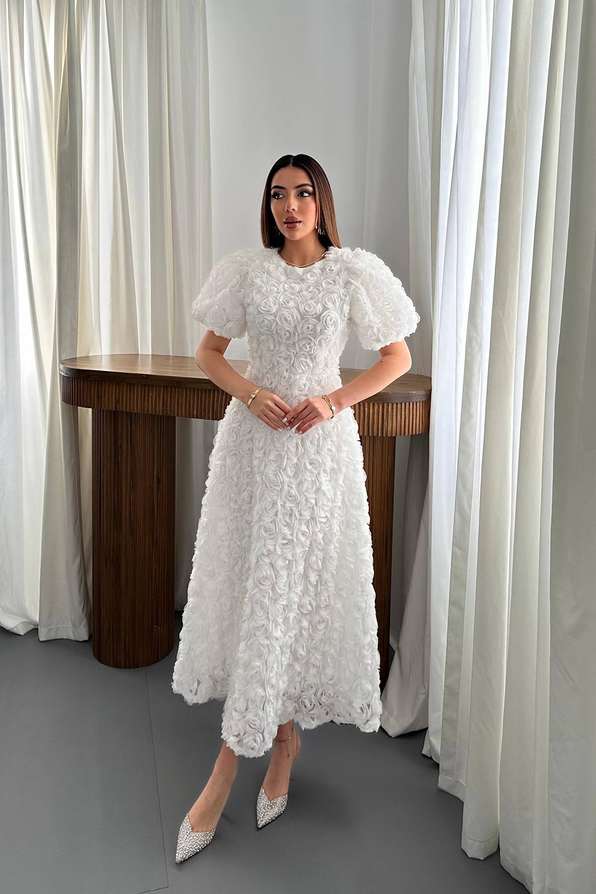 Toptan Beyaz Güllü Elbise Beyaz L