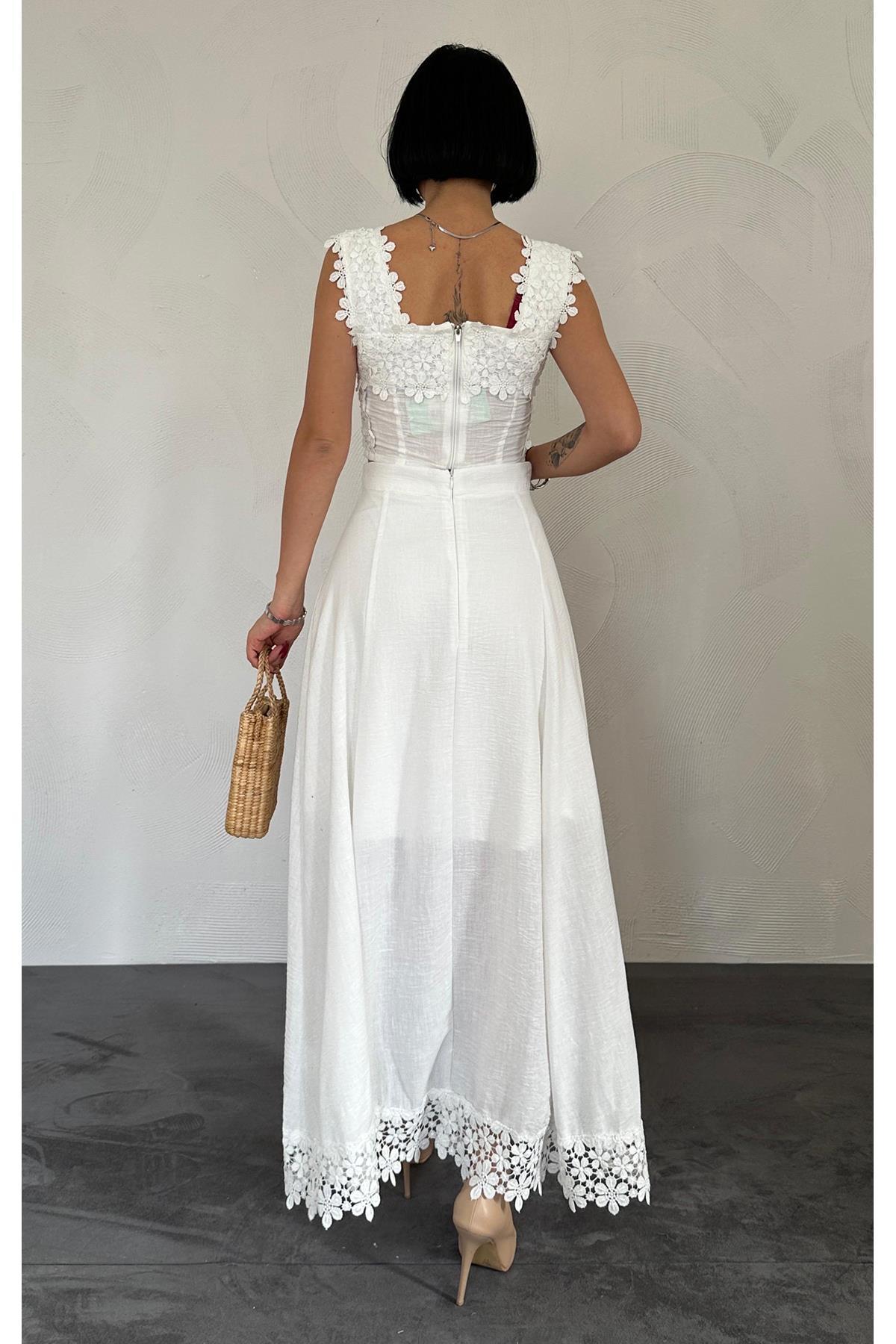 Toptan Beyaz Güpürlü Crop Ve Etek Takım