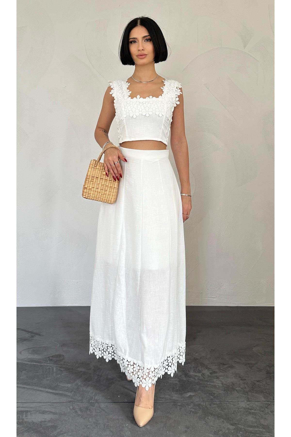 Toptan Beyaz Güpürlü Crop Ve Etek Takım Beyaz L