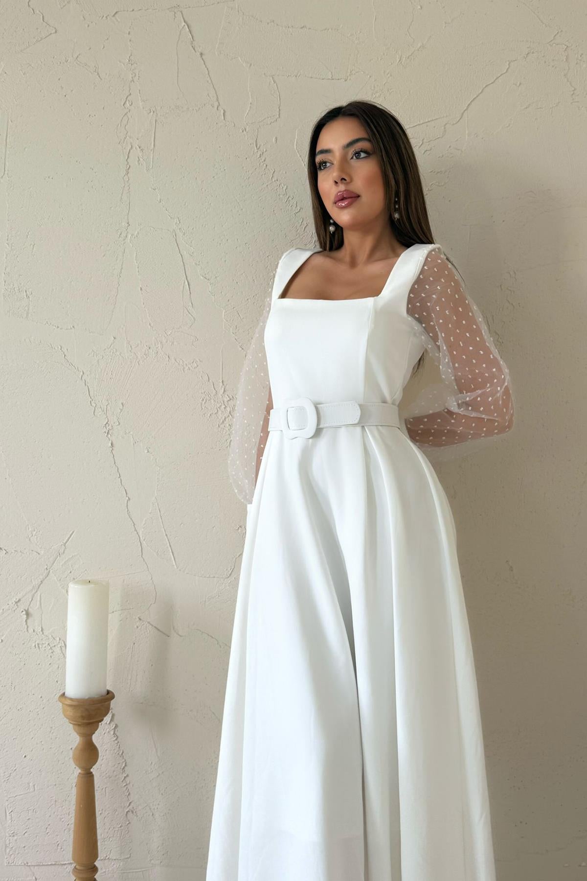 Toptan Beyaz Kolları Organze Kuplu Elbise