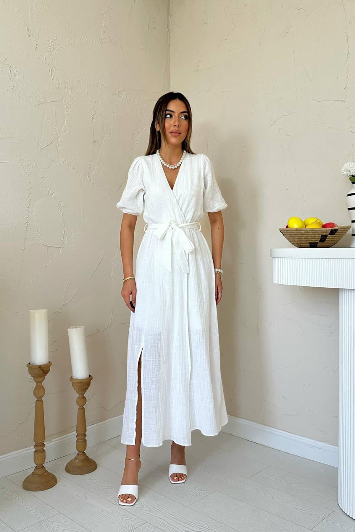 Toptan Beyaz Kruvaze Yaka Müslin Keten Elbise