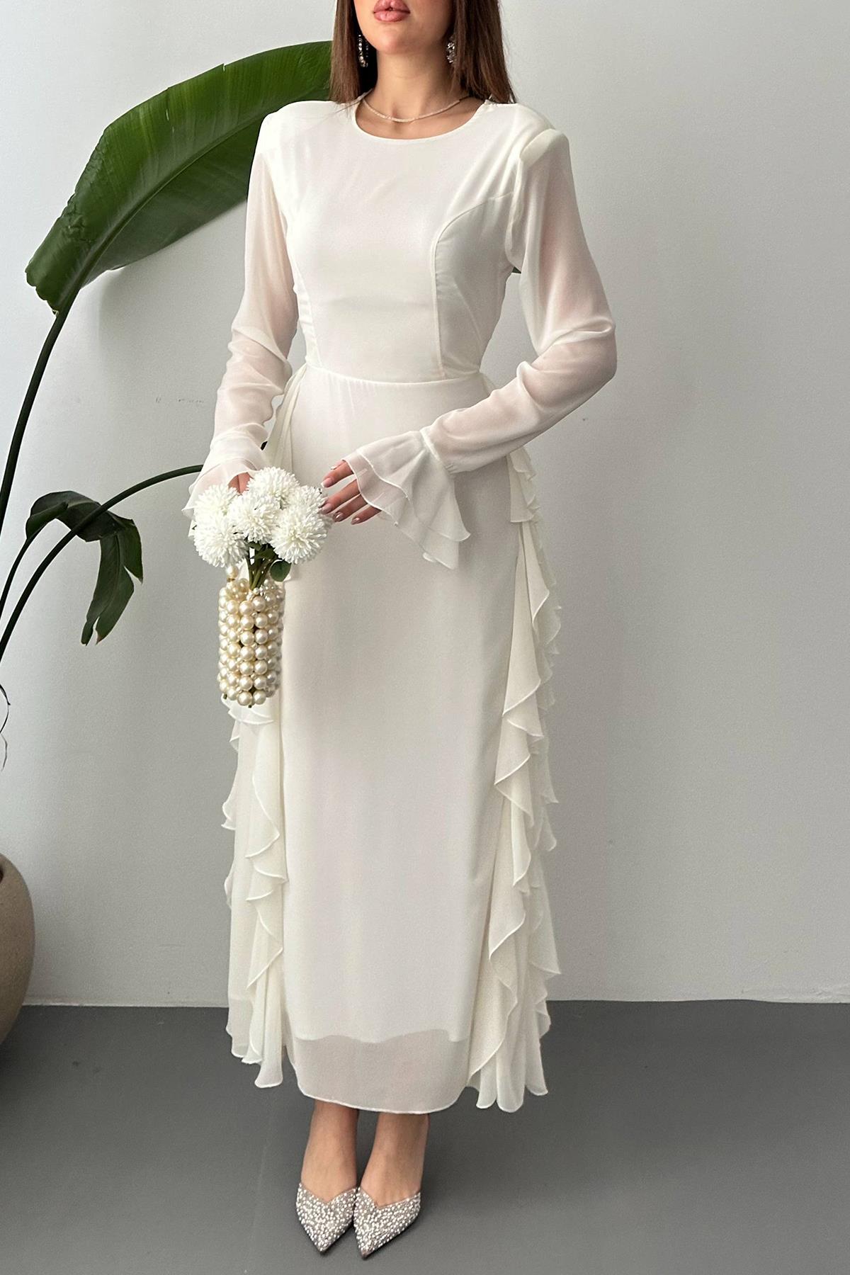 Toptan Beyaz Volanlı Şifon Elbise