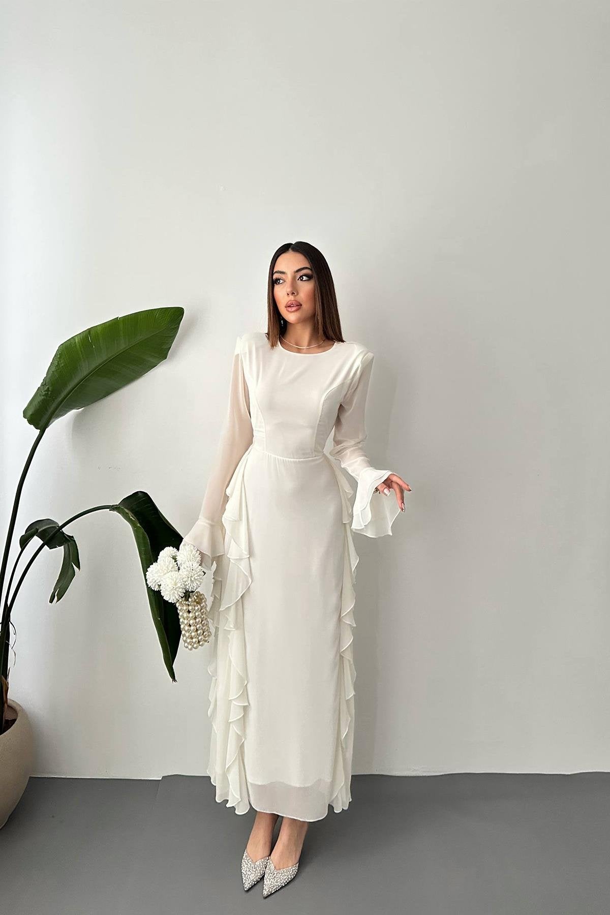 Toptan Beyaz Volanlı Şifon Elbise Beyaz L