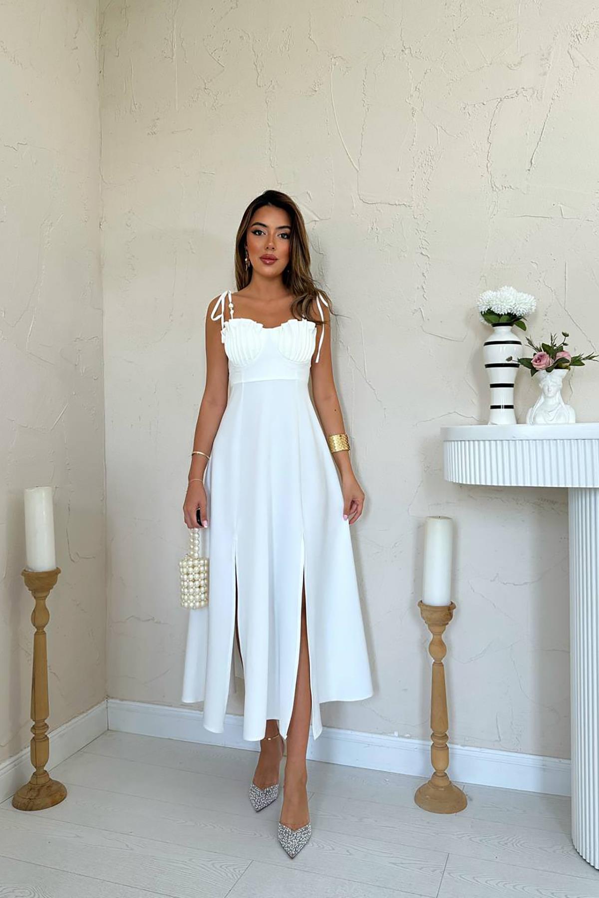 Toptan Beyaz Yırtmaçlı Göğüs Kuplu Atlas Elbise Beyaz L