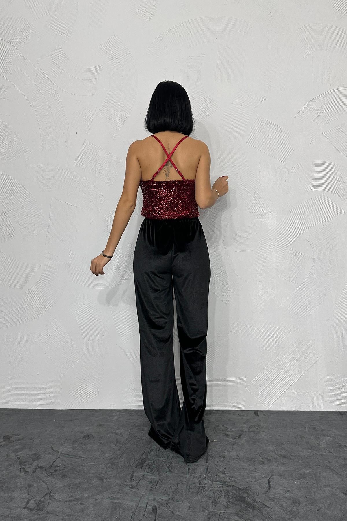 Toptan Bordo Askılı Degaje Bluz