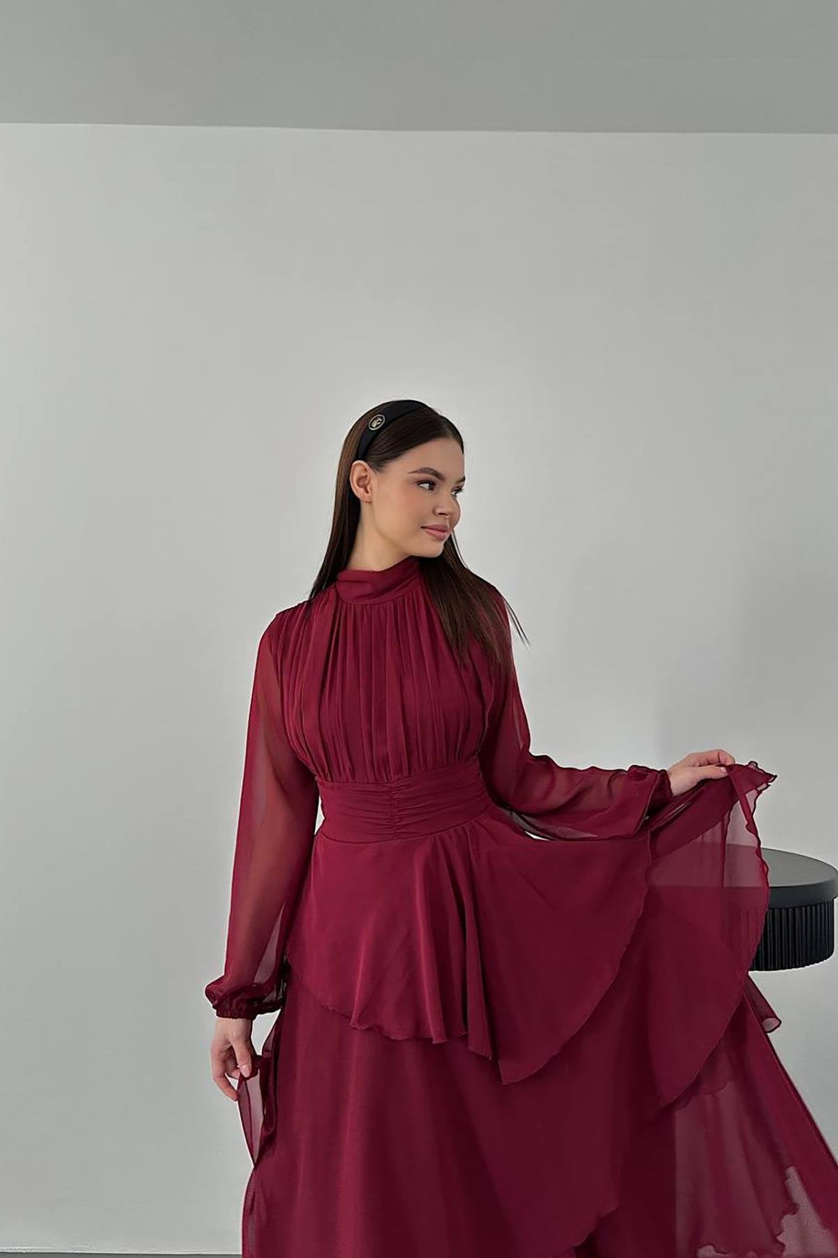 Toptan Bordo Bel Detaylı Elbise