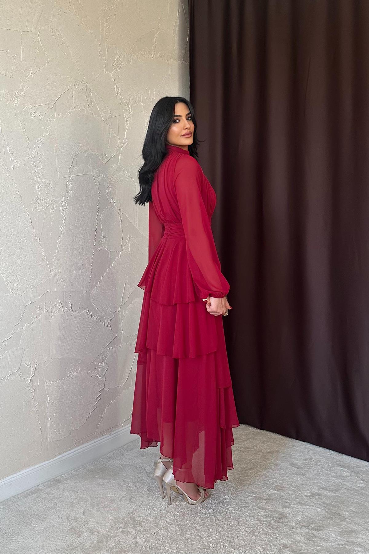 Toptan Bordo Bel Detaylı Elbise