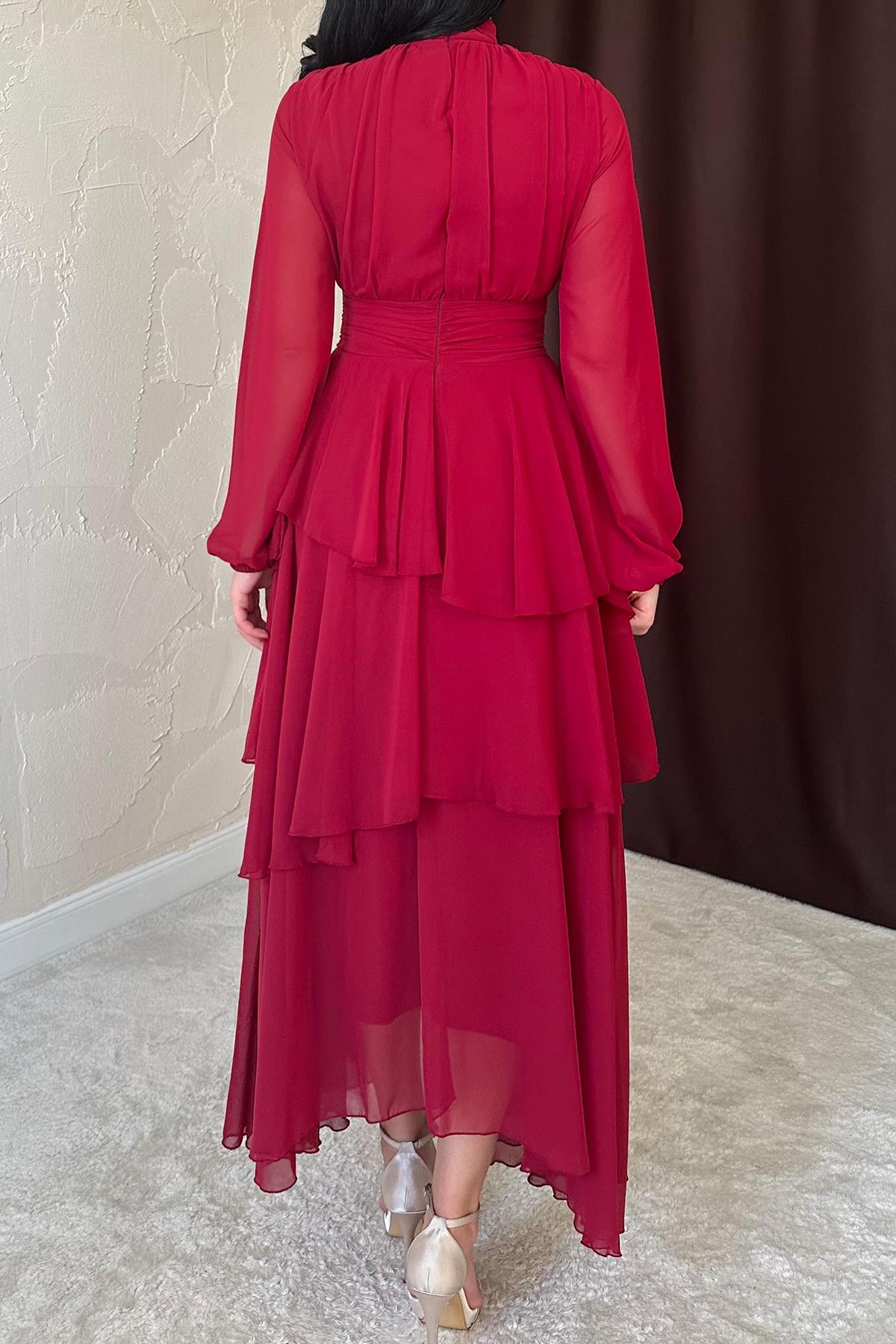 Toptan Bordo Bel Detaylı Elbise