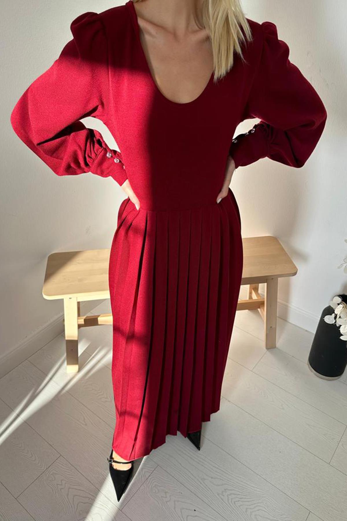 Toptan Bordo Bisiklet Yaka Elbise