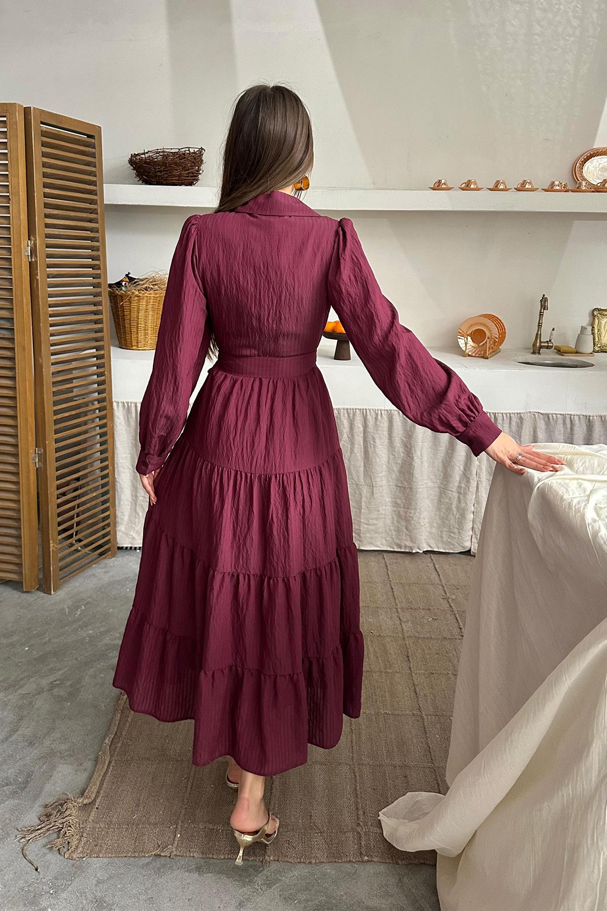Toptan Bordo Çizgi Desenli Uzun Elbise