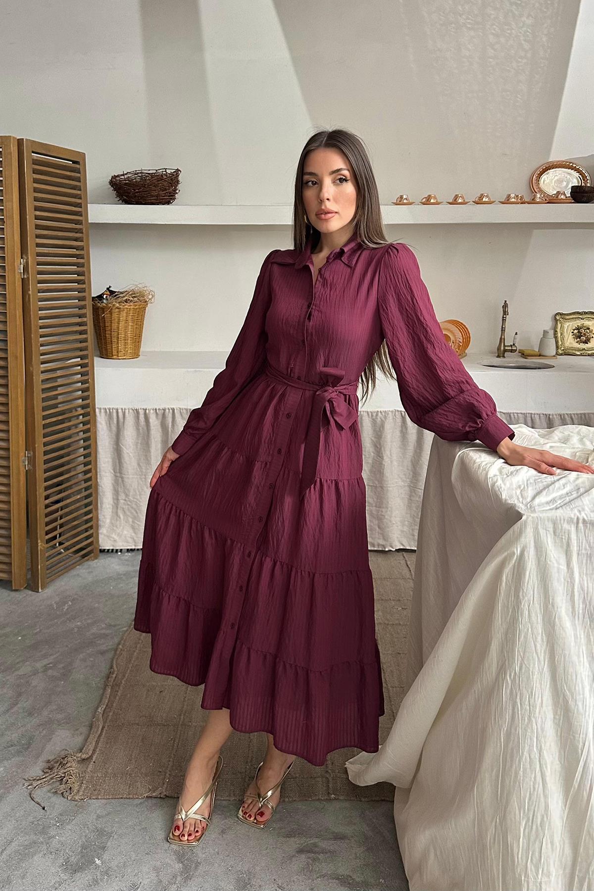 Toptan Bordo Çizgi Desenli Uzun Elbise