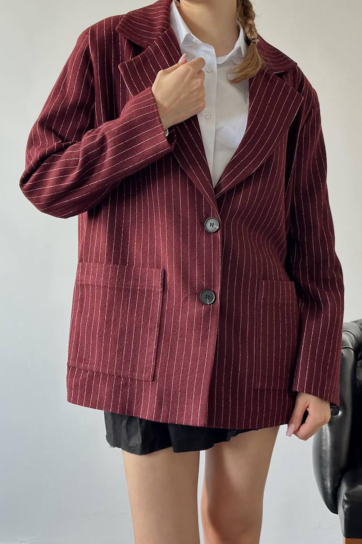 Toptan Bordo Çizgili Oversize Ceket