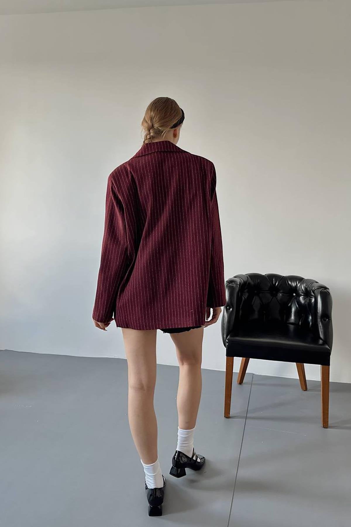 Toptan Bordo Çizgili Oversize Ceket