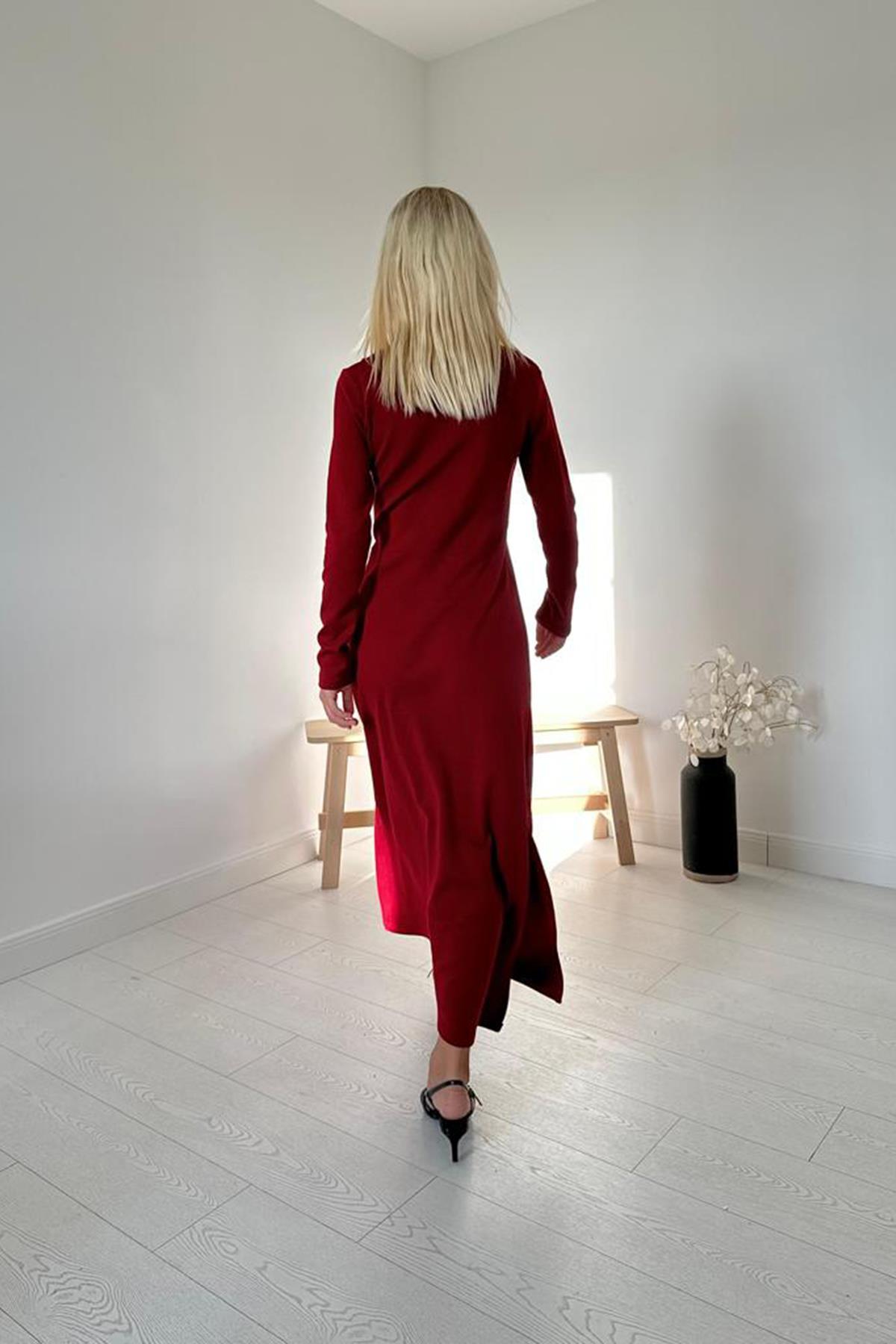 Toptan Bordo Croplu Akrilik Elbise