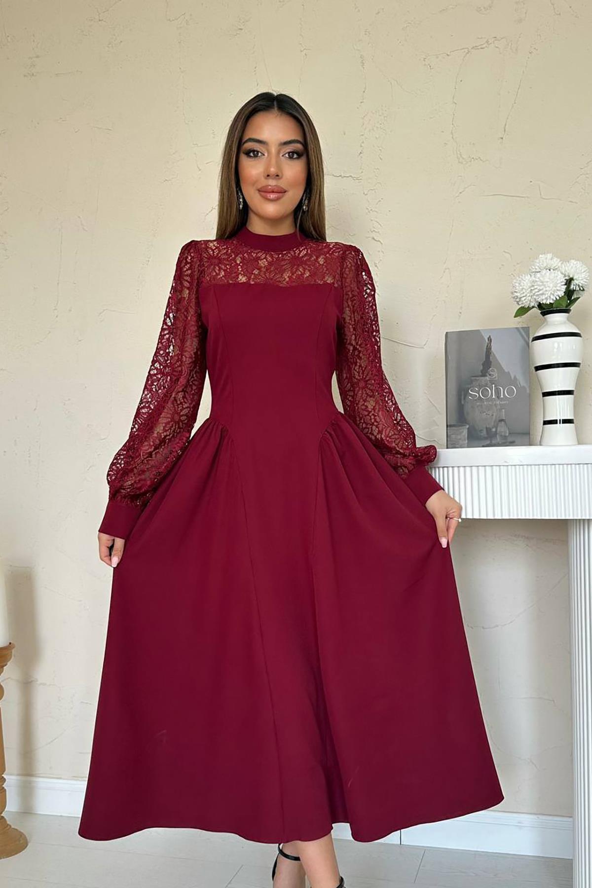 Toptan Bordo Dantel Garnili Büzgülü Atlas Elbise