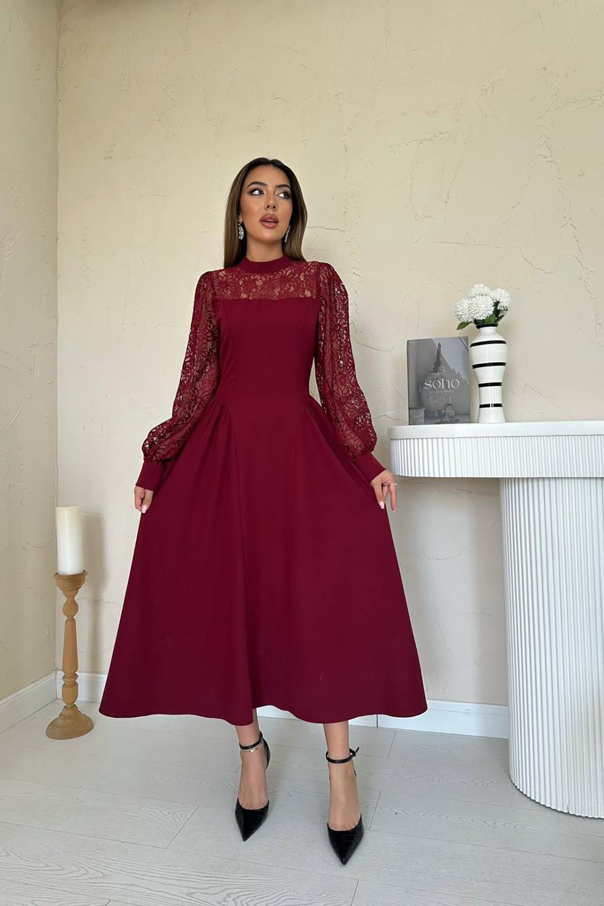 Toptan Bordo Dantel Garnili Büzgülü Atlas Elbise Bordo L