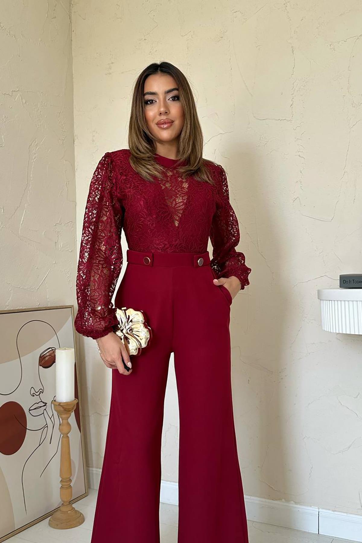 Toptan Bordo Dantelli Apoletli Tulum