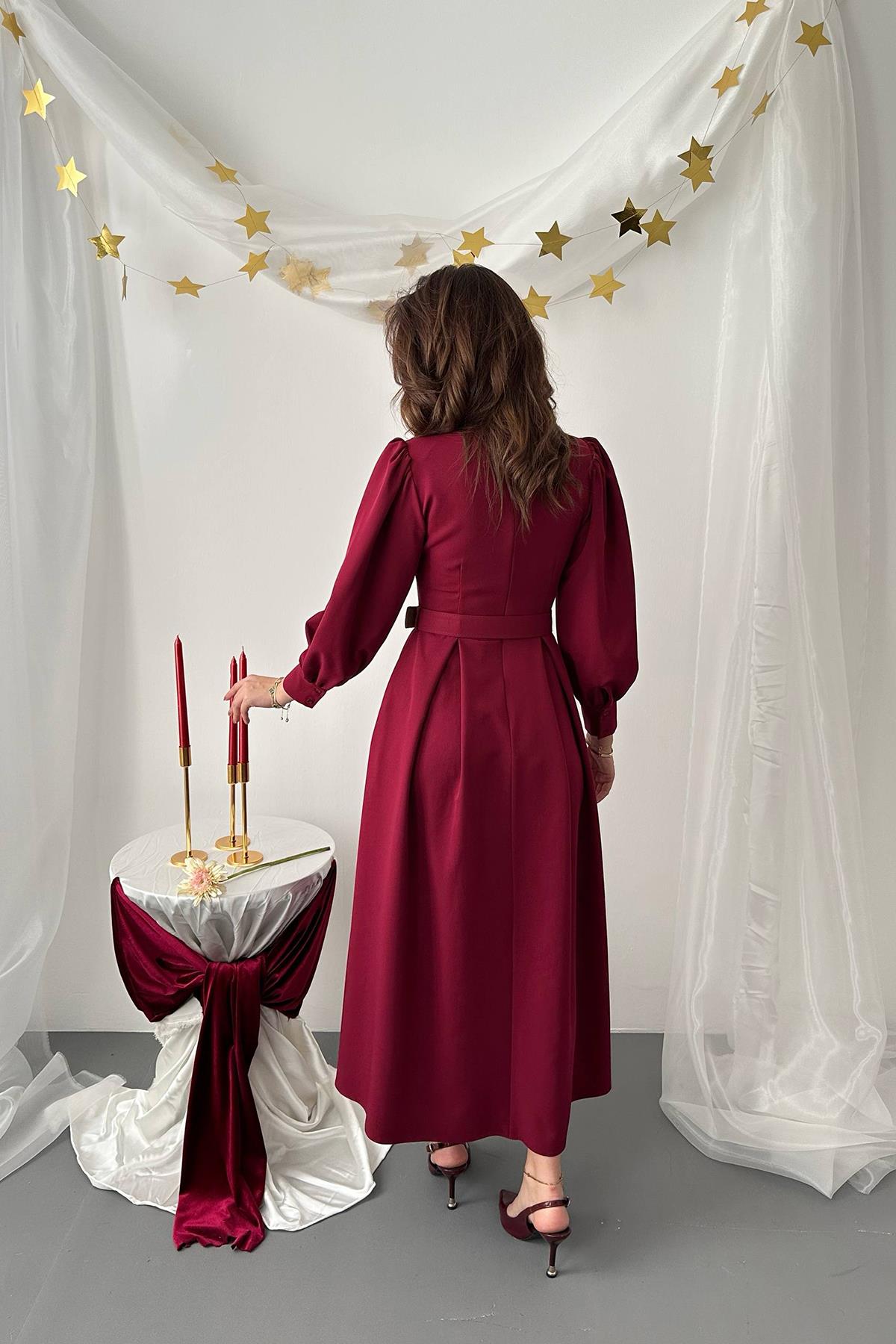 Toptan Bordo Dantelli Kuplu Elbise