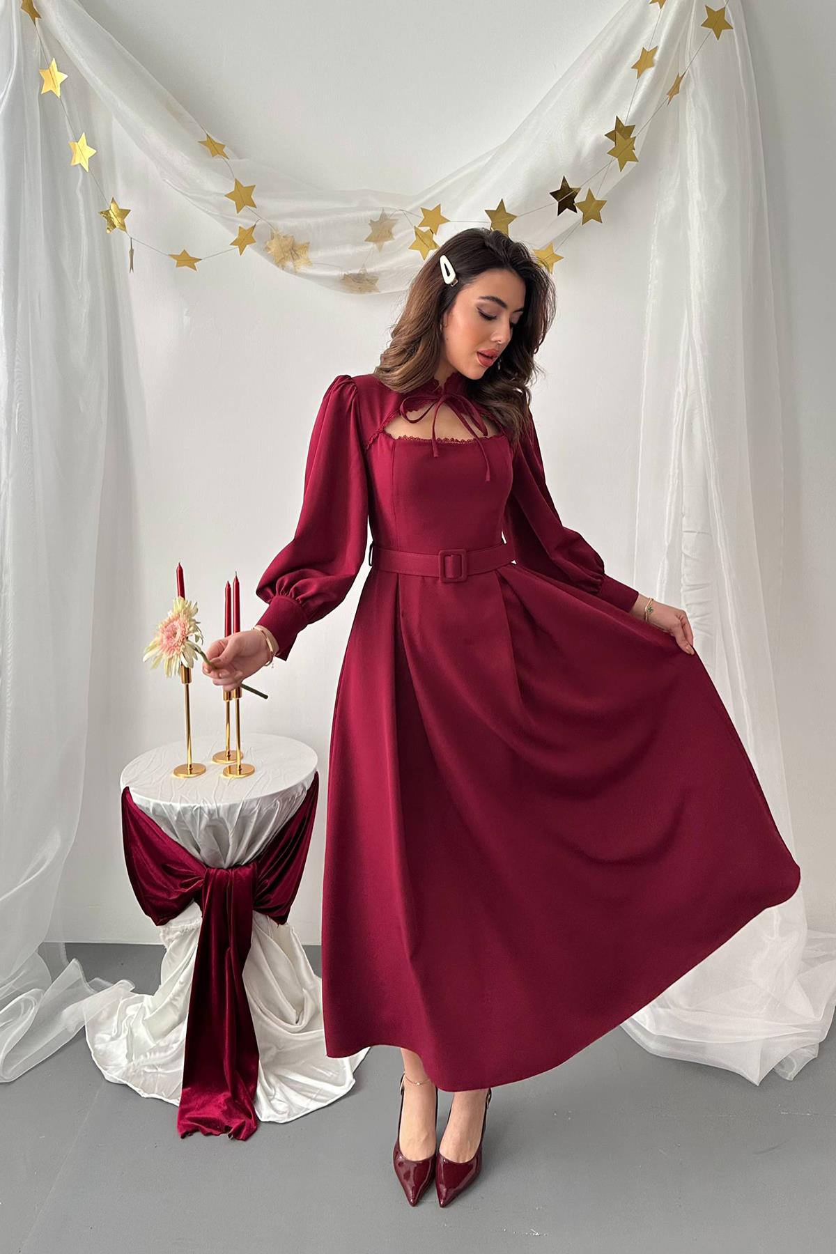 Toptan Bordo Dantelli Kuplu Elbise