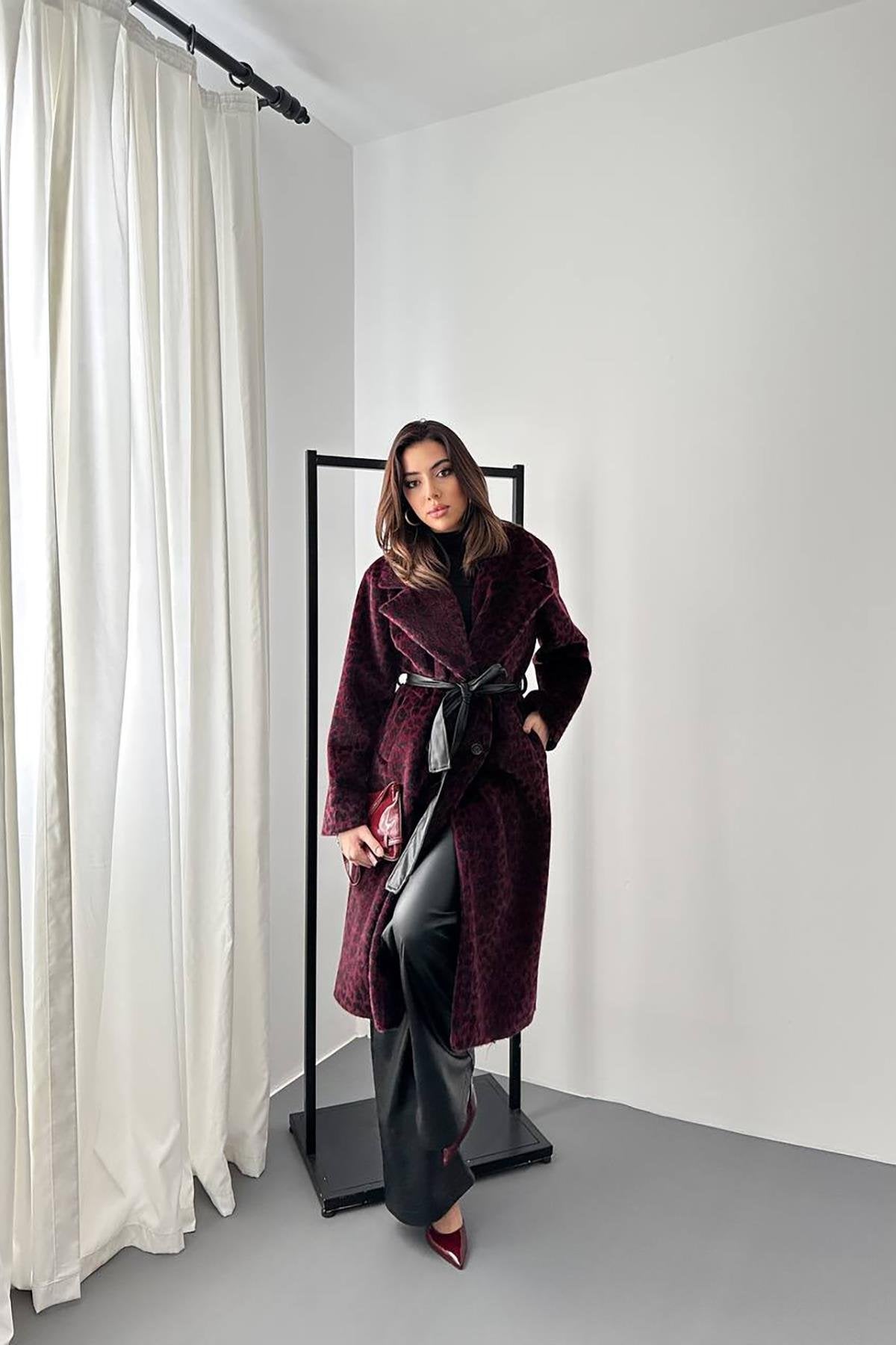 Toptan Bordo Deri Kuşak Garnili Kaban Bordo L