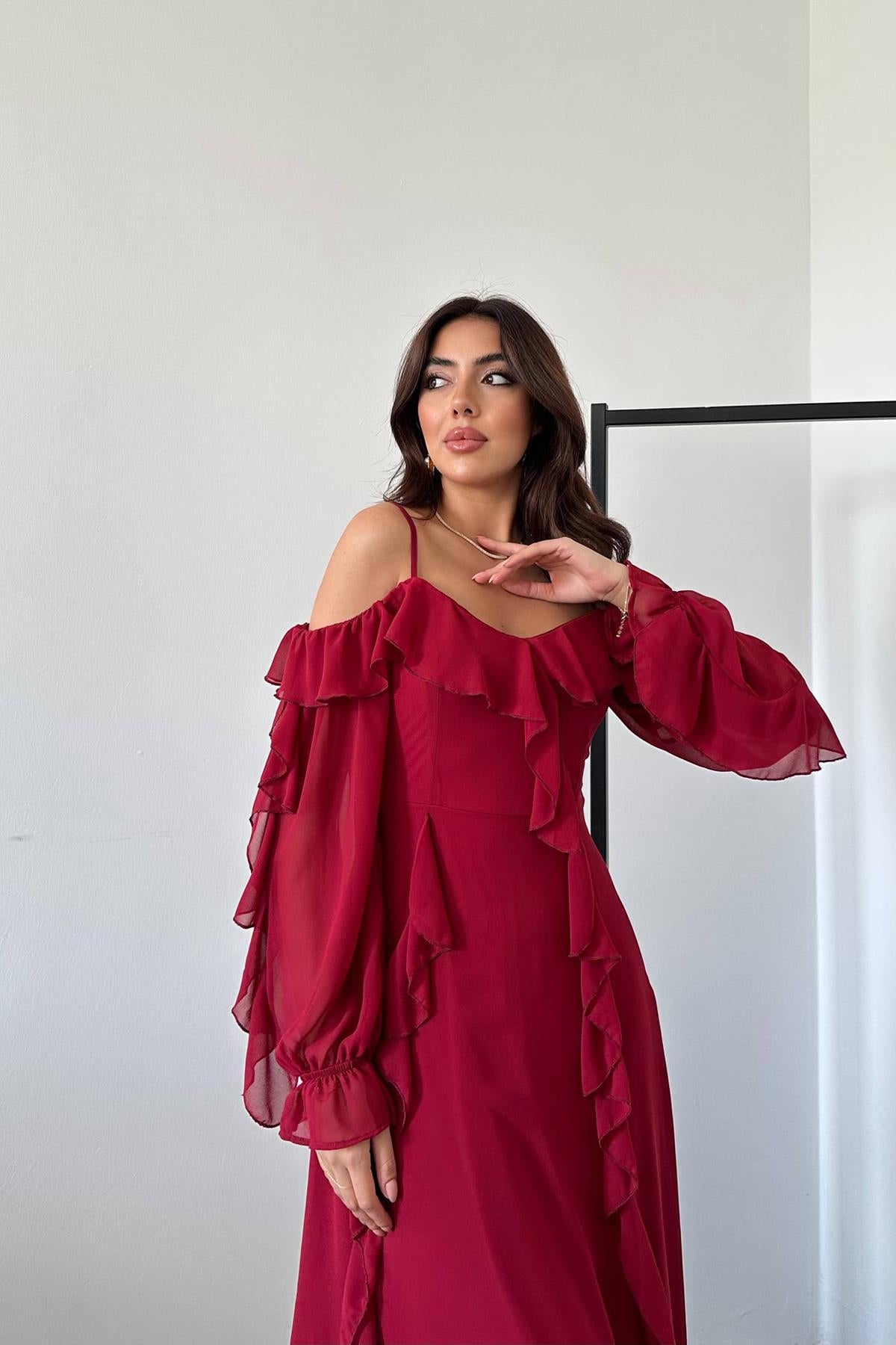 Toptan Bordo Fırfırlı Şifon Elbise