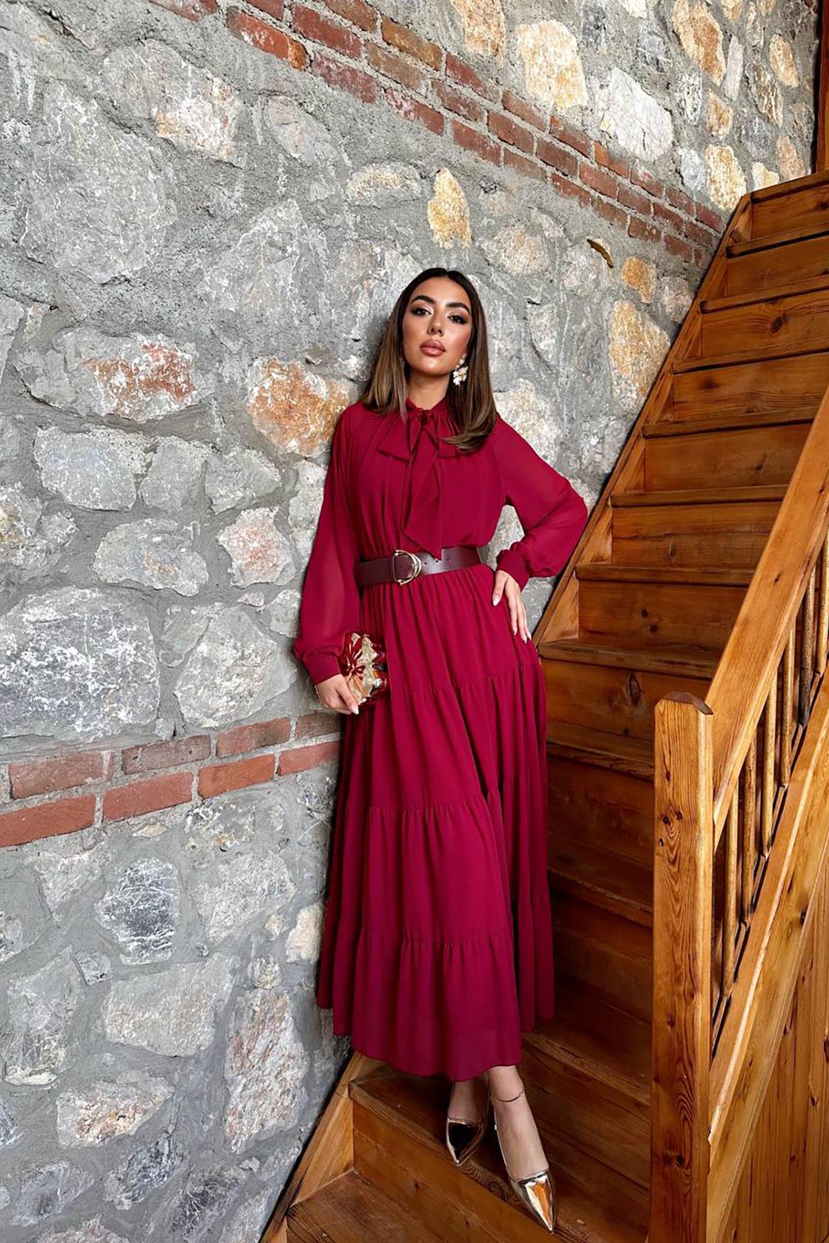 Bordo Fular Yaka Detaylı Şifon Elbise