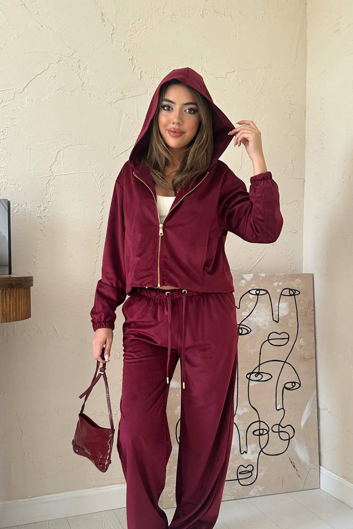 Toptan Bordo İnce Kadife Takım