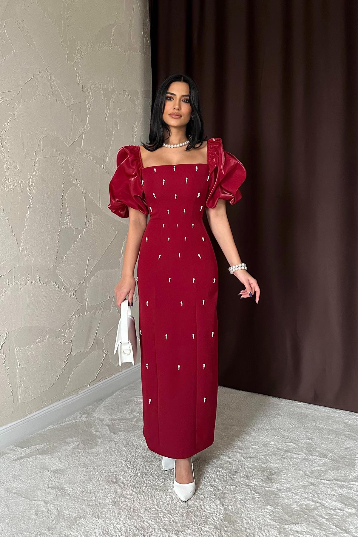 Toptan Bordo İşlemeli Kolu Garnili Elbise