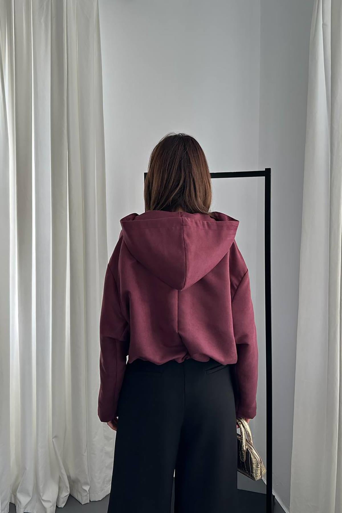 Bordo Kısa Kapüşonlu Ceket