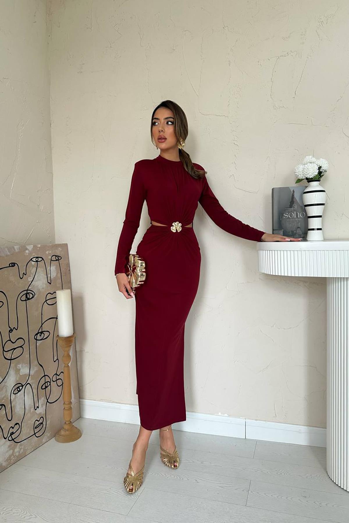 Toptan Bordo Pencere Detaylı Büzgülü Elbise Bordo L
