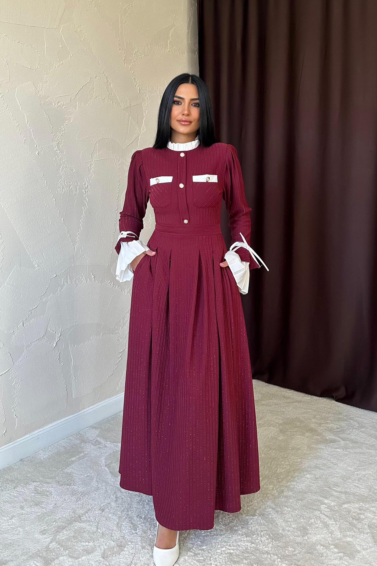 Toptan Bordo Pilise Detaylı Elbise