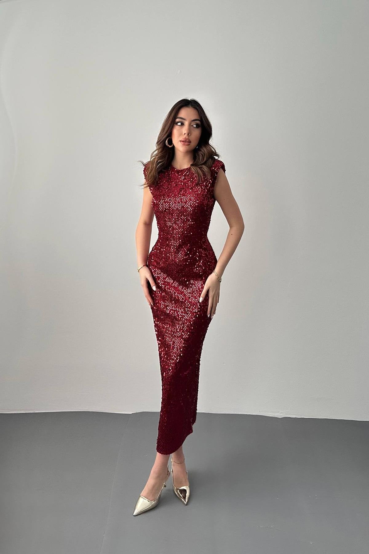 Toptan Bordo Pul Payetli Vatkalı Elbise Bordo L