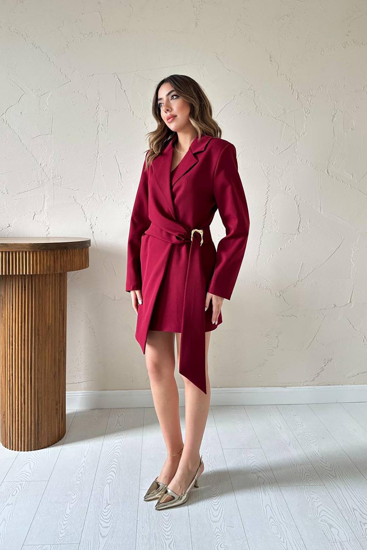 Toptan Bordo Yandan Tokalı Ceket Elbise Bordo L