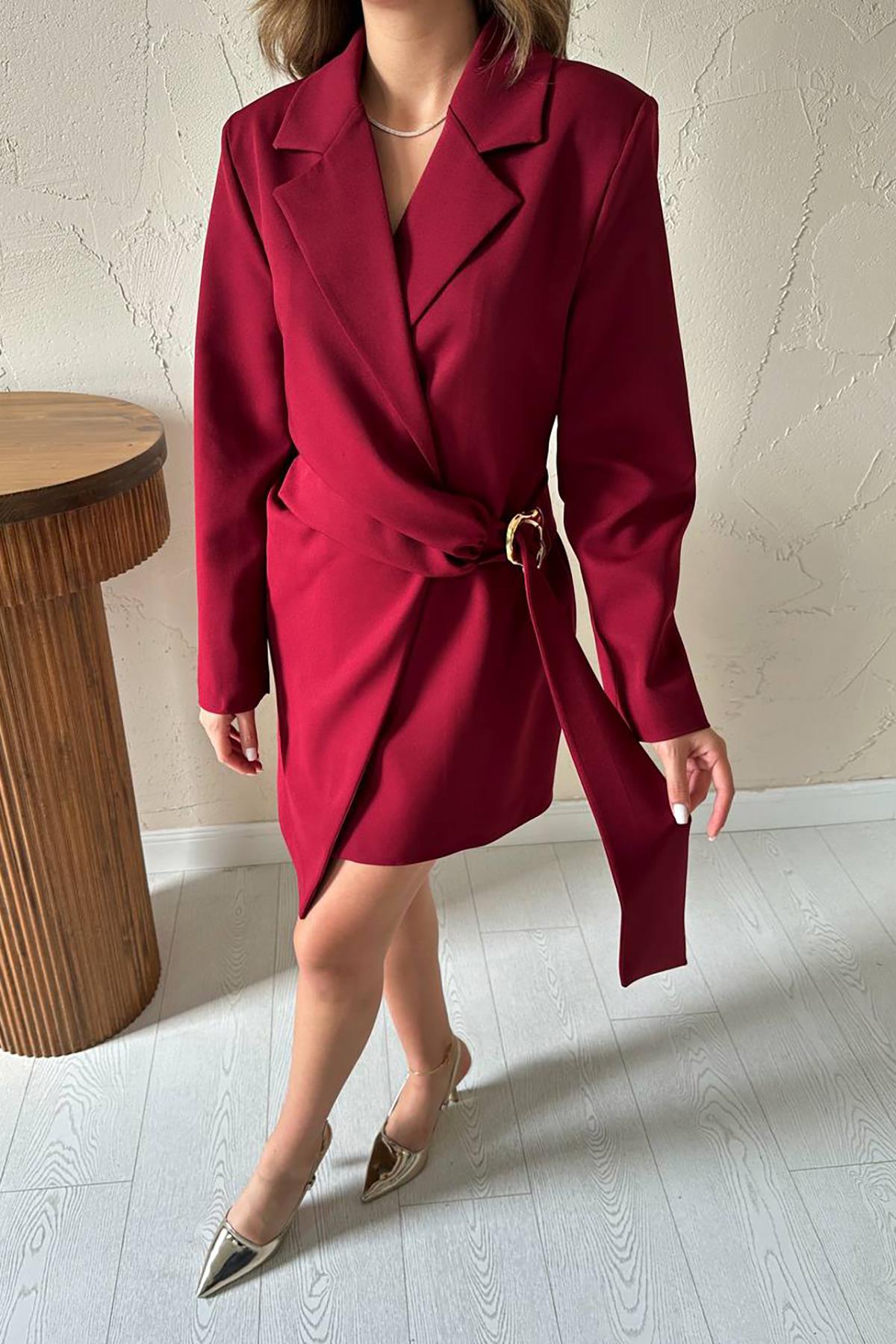 Toptan Bordo Yandan Tokalı Ceket Elbise